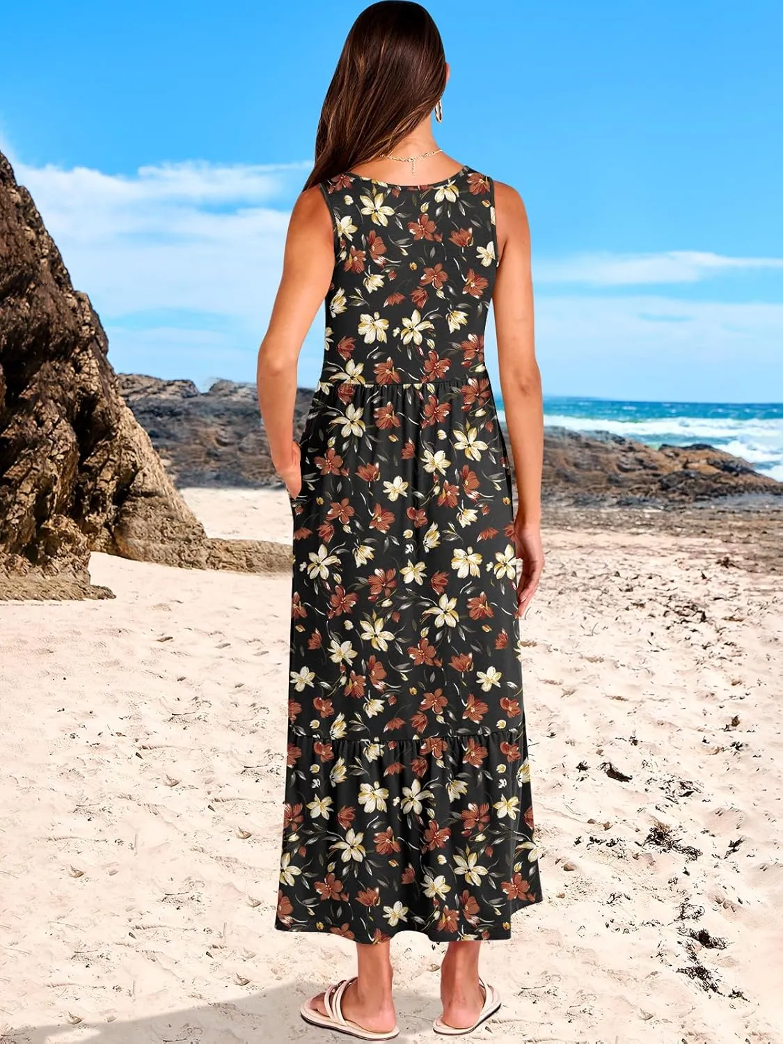 ANRABESS Womens Summer Maxi Dresses Fit & Flare Flowy V Neck Sleeveless Swing Casual Tiered Beach Sundress with Pockets