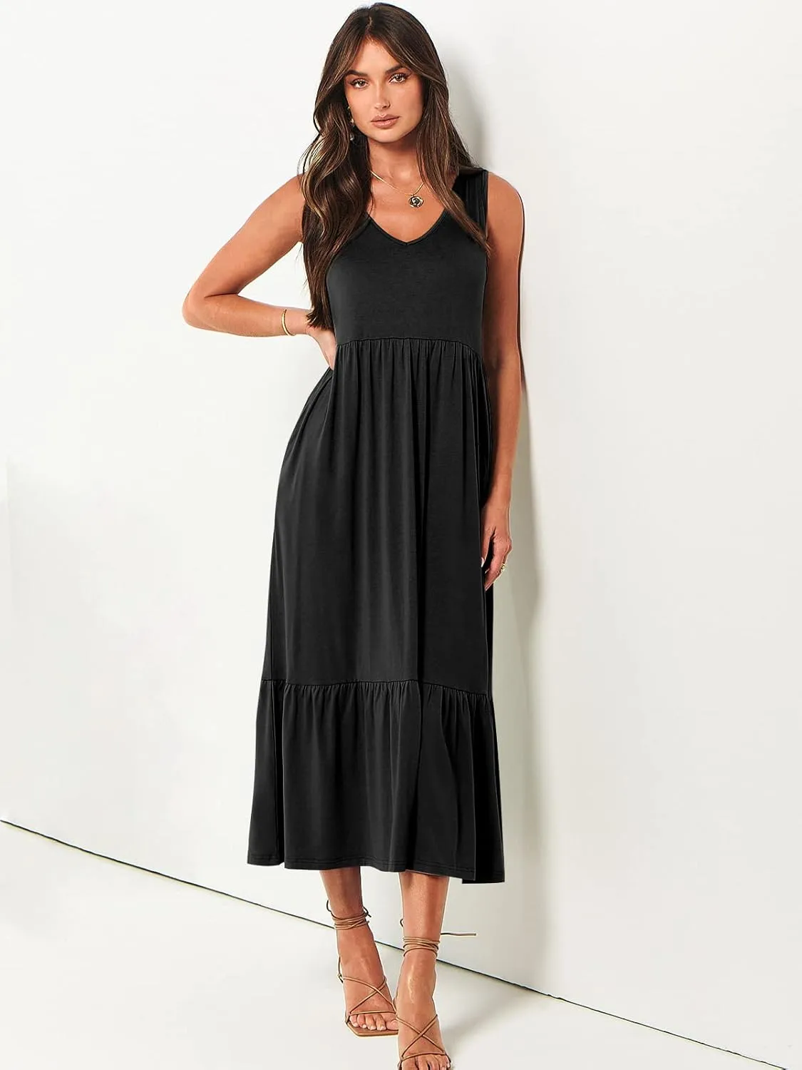 ANRABESS Womens Summer Maxi Dresses Fit & Flare Flowy V Neck Sleeveless Swing Casual Tiered Beach Sundress with Pockets