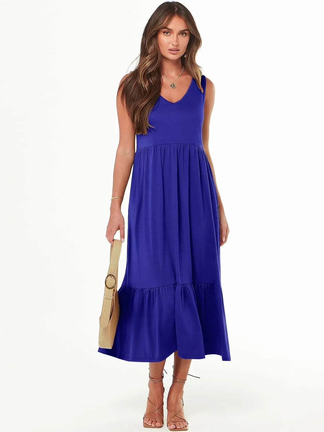 ANRABESS Womens Summer Maxi Dresses Fit & Flare Flowy V Neck Sleeveless Swing Casual Tiered Beach Sundress with Pockets