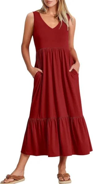 ANRABESS Womens Summer Maxi Dresses Fit & Flare Flowy V Neck Sleeveless Swing Casual Tiered Beach Sundress with Pockets