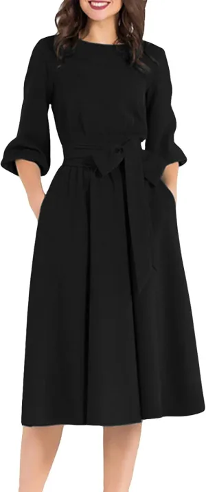AOOKSMERY Women Elegance Audrey Hepburn Style Round Neck 3/4 Puff Sleeve Swing Midi Dress Long Belt Dresses with Pockets