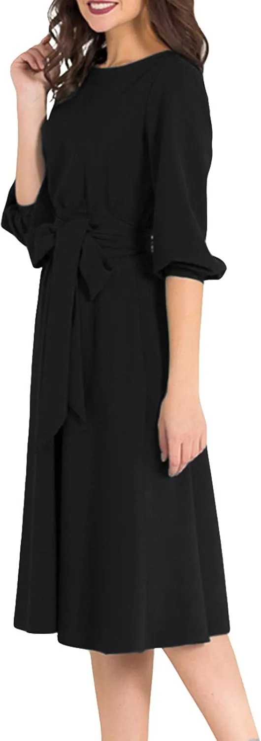 AOOKSMERY Women Elegance Audrey Hepburn Style Round Neck 3/4 Puff Sleeve Swing Midi Dress Long Belt Dresses with Pockets