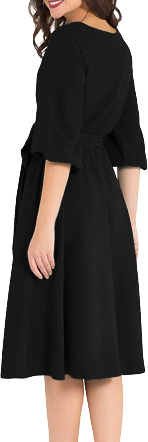 AOOKSMERY Women Elegance Audrey Hepburn Style Round Neck 3/4 Puff Sleeve Swing Midi Dress Long Belt Dresses with Pockets
