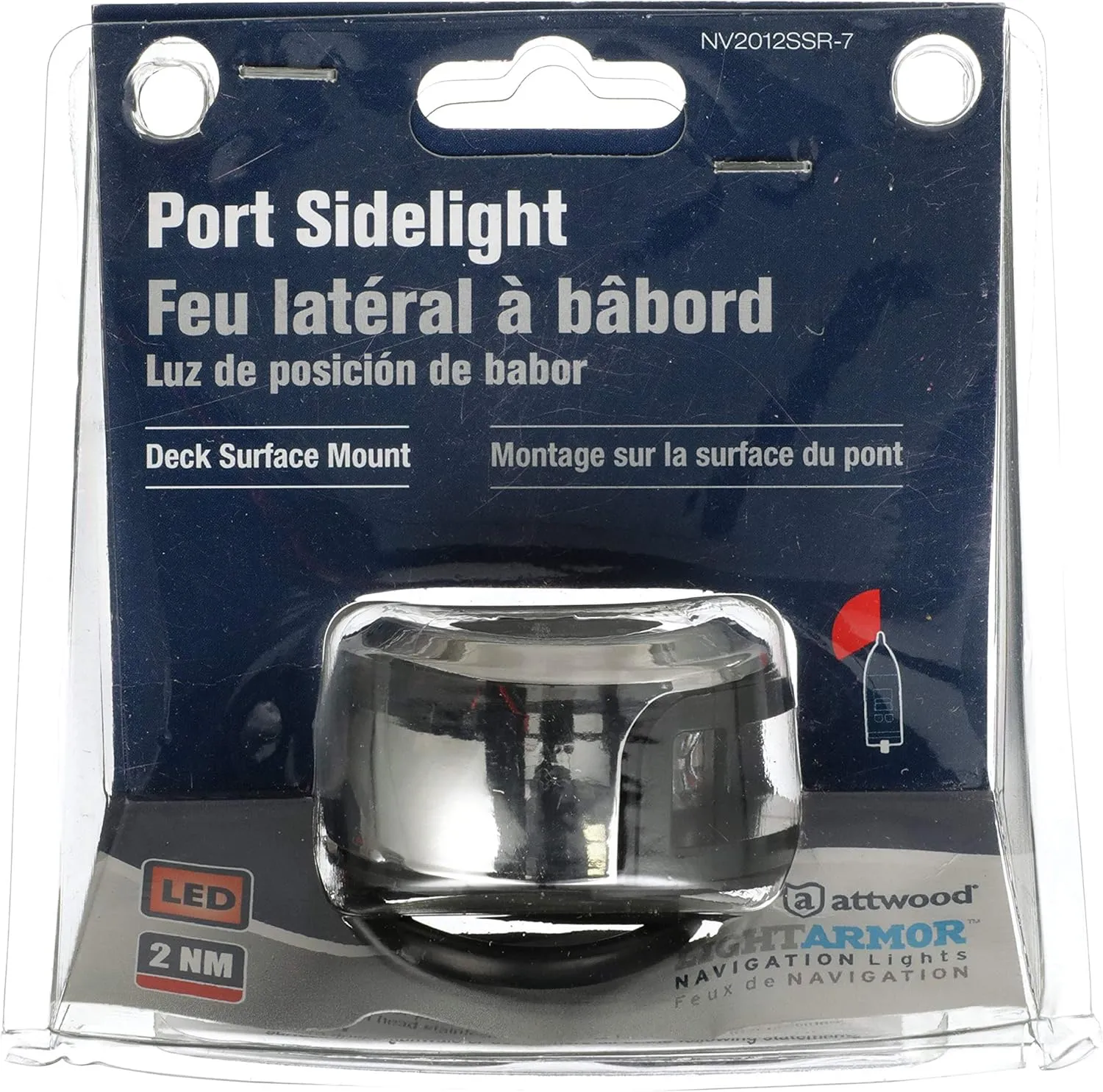 Attwood NV2012SSR-7 LightArmor 2-Mile Navigation Deck Mount Sidelight, Red LED Lighting, Round Stainless Housing