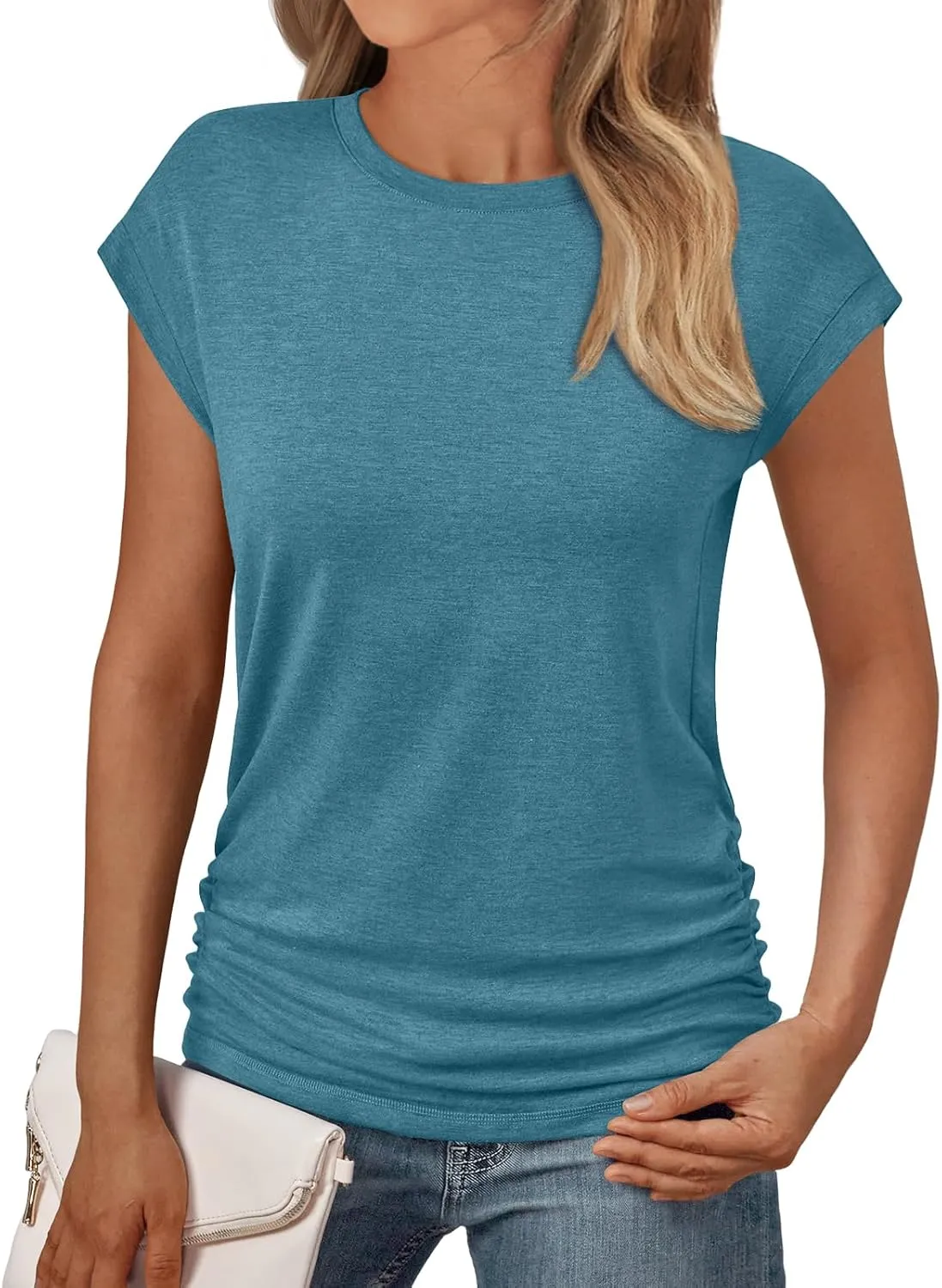 AUTOMET Womens Casual Summer Tops Dressy Cap Sleeve Spring T Shirts Ruched Business Fashion Trendy Clothes Outfits 2025