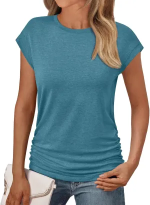 AUTOMET Womens Casual Summer Tops Dressy Cap Sleeve Spring T Shirts Ruched Business Fashion Trendy Clothes Outfits 2025