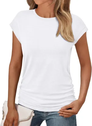 AUTOMET Womens Casual Summer Tops Dressy Cap Sleeve Spring T Shirts Ruched Business Fashion Trendy Clothes Outfits 2025