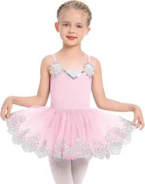 Ballerina Dress Ballet Leotards for Girl Shiny Sequins Flower Ballerina Tutu Floral Lace Dance Leotards Tulle Skirt