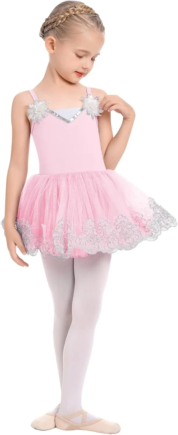 Ballerina Dress Ballet Leotards for Girl Shiny Sequins Flower Ballerina Tutu Floral Lace Dance Leotards Tulle Skirt