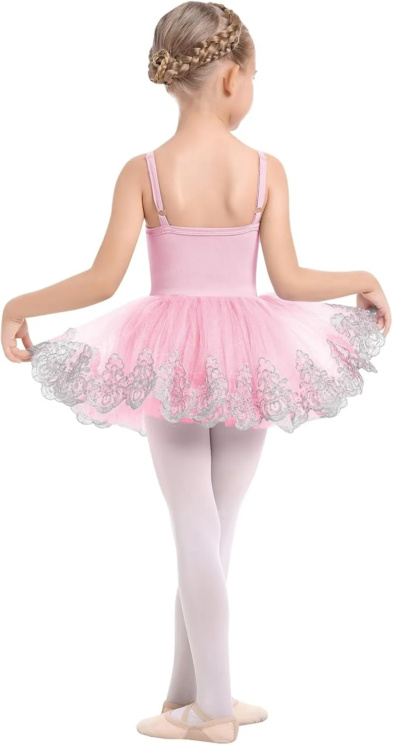 Ballerina Dress Ballet Leotards for Girl Shiny Sequins Flower Ballerina Tutu Floral Lace Dance Leotards Tulle Skirt