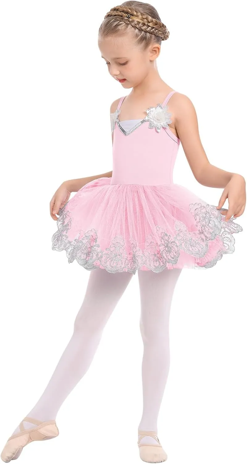 Ballerina Dress Ballet Leotards for Girl Shiny Sequins Flower Ballerina Tutu Floral Lace Dance Leotards Tulle Skirt