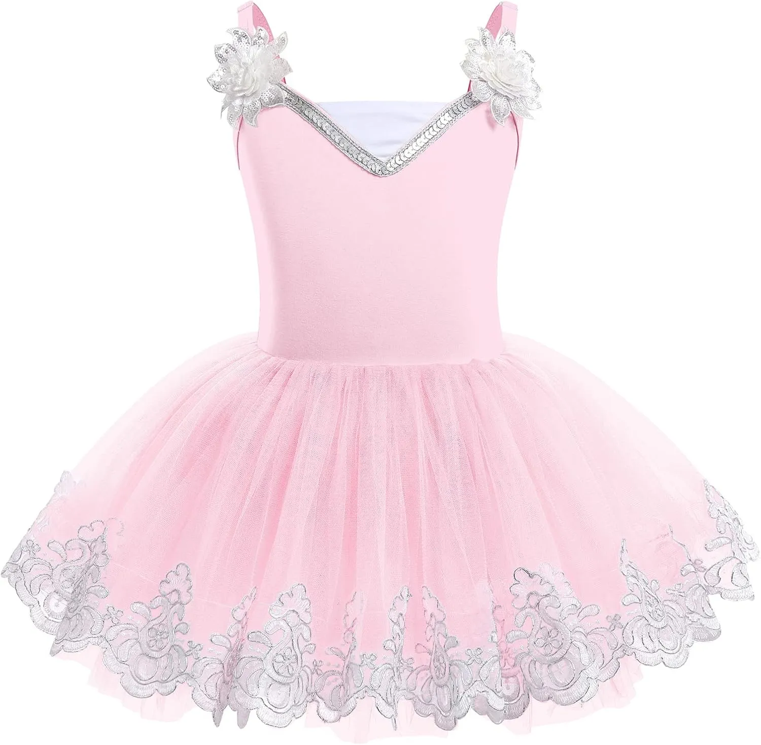 Ballerina Dress Ballet Leotards for Girl Shiny Sequins Flower Ballerina Tutu Floral Lace Dance Leotards Tulle Skirt