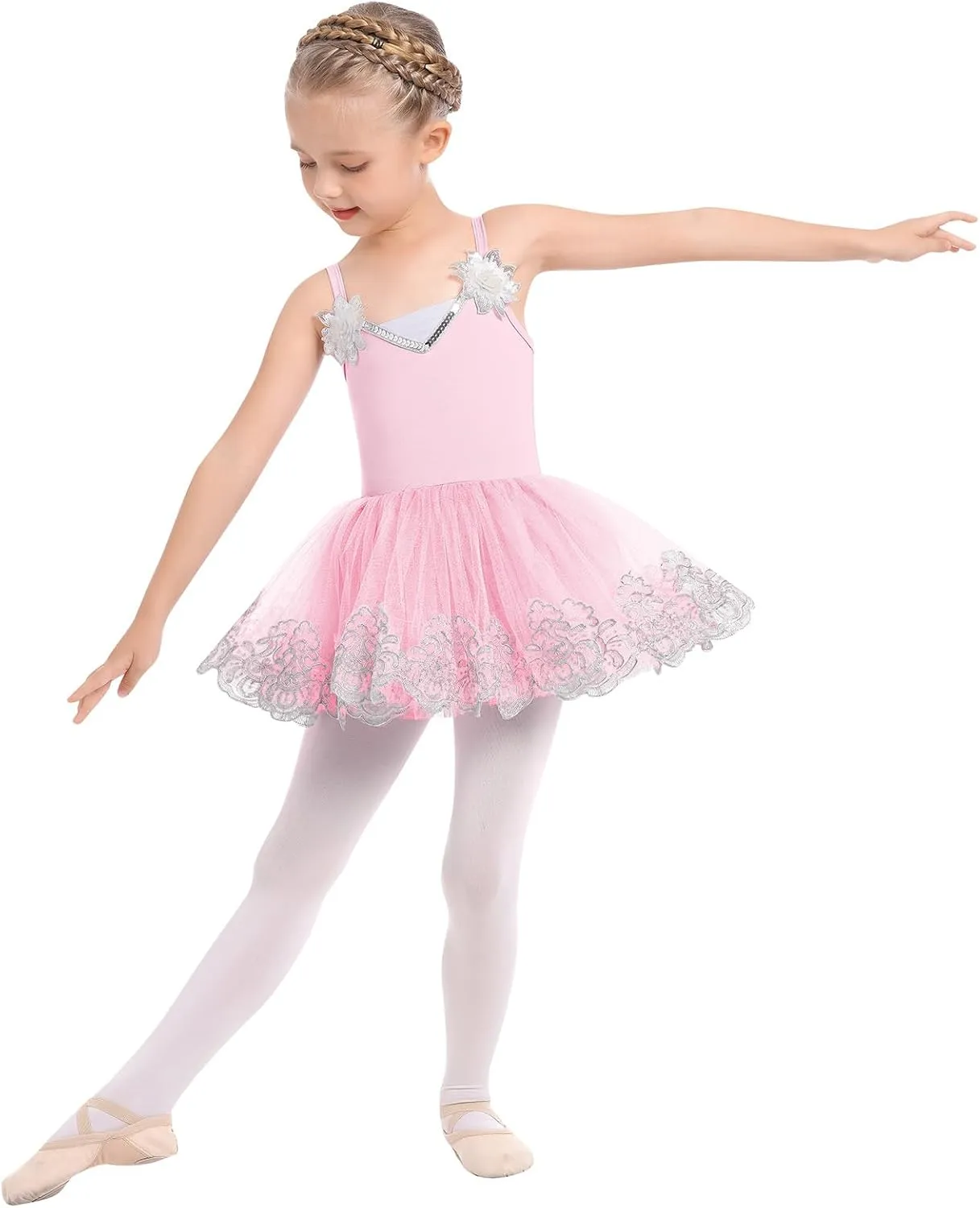 Ballerina Dress Ballet Leotards for Girl Shiny Sequins Flower Ballerina Tutu Floral Lace Dance Leotards Tulle Skirt