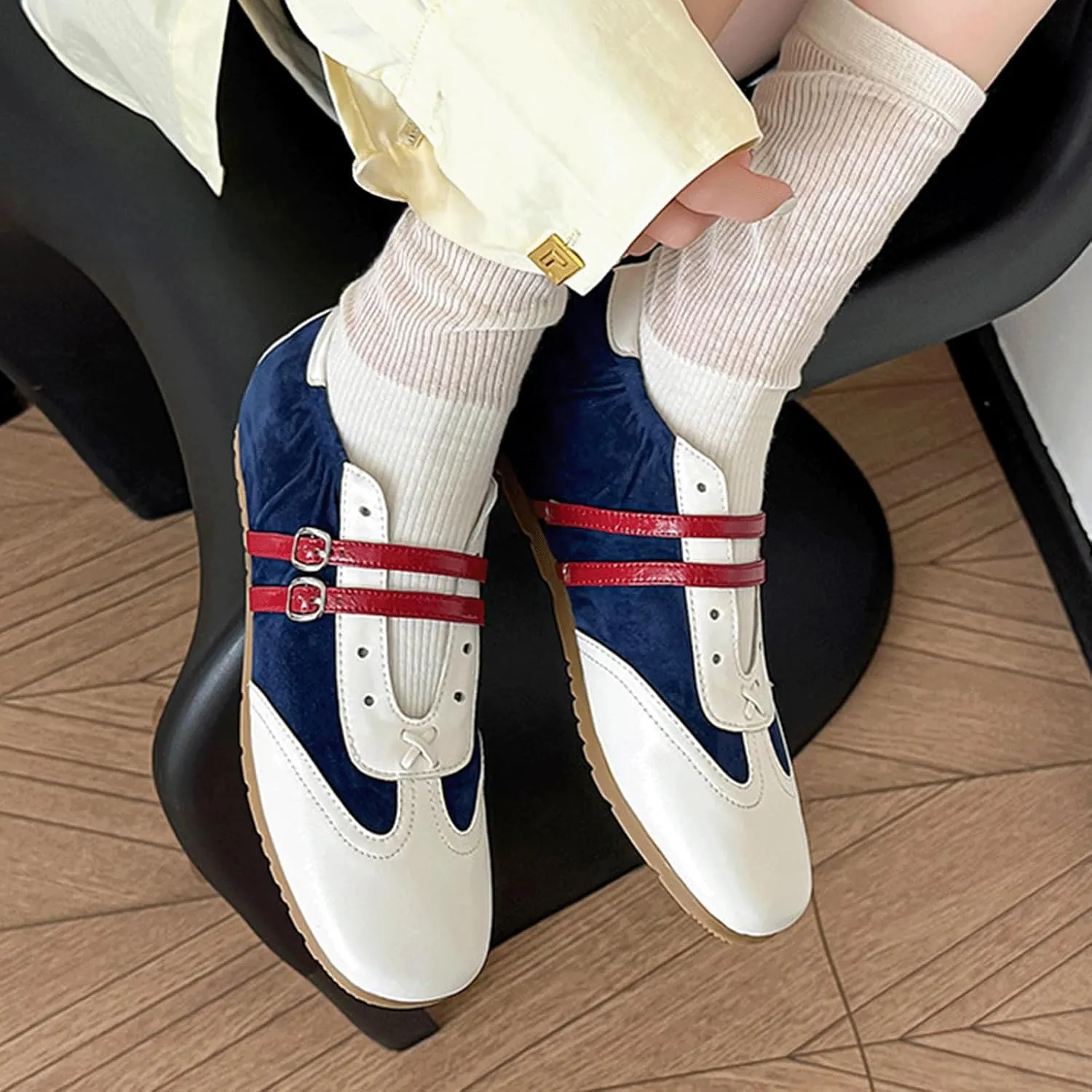 Ballet Sneakers for Woman Leather Buckle Color Block Wide Box Square Toe Trendy Ballerina Flats Fancy Retro Ballet Shoes 2025 Spring Summer Comfortable Soft Casual Daily Walking Footwear