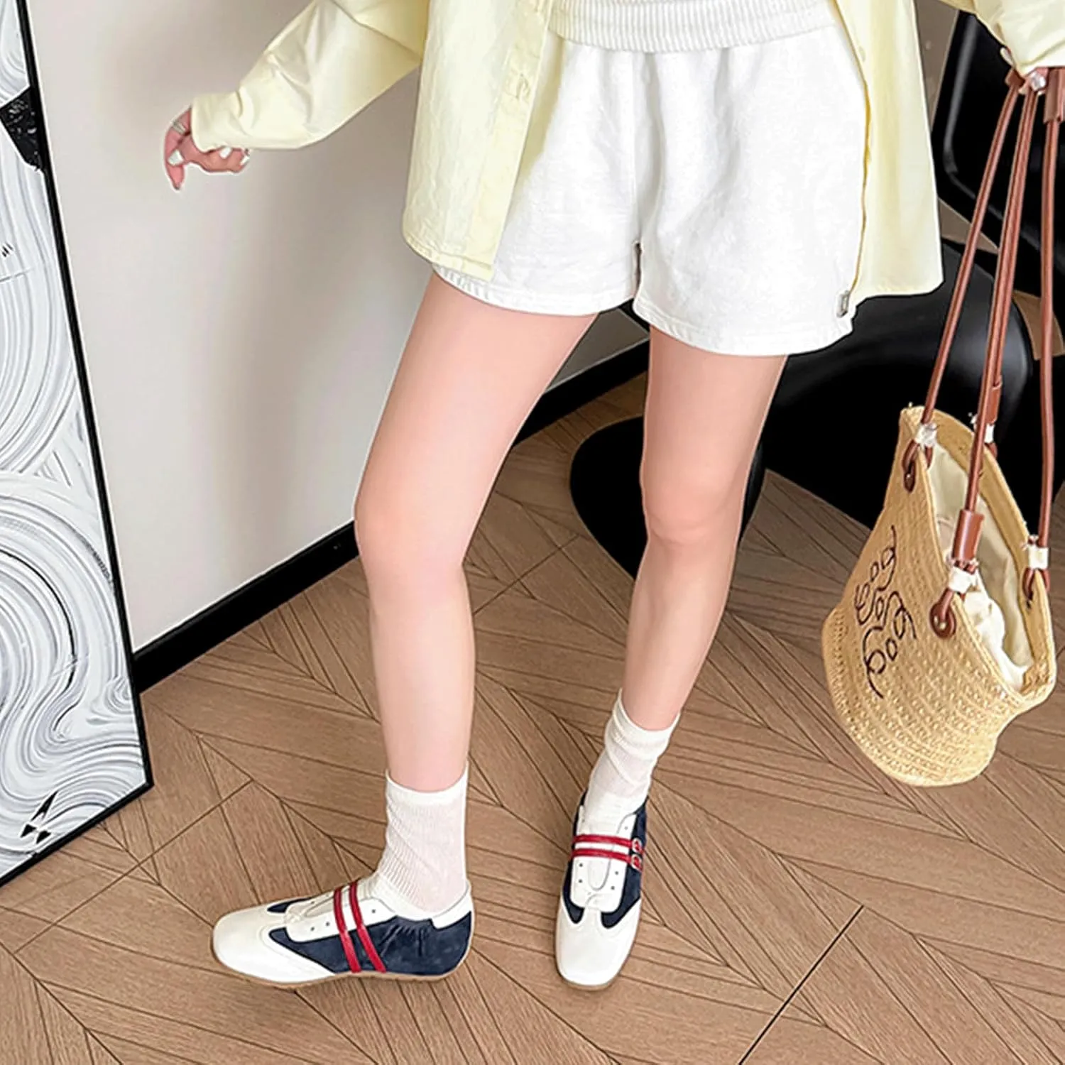 Ballet Sneakers for Woman Leather Buckle Color Block Wide Box Square Toe Trendy Ballerina Flats Fancy Retro Ballet Shoes 2025 Spring Summer Comfortable Soft Casual Daily Walking Footwear