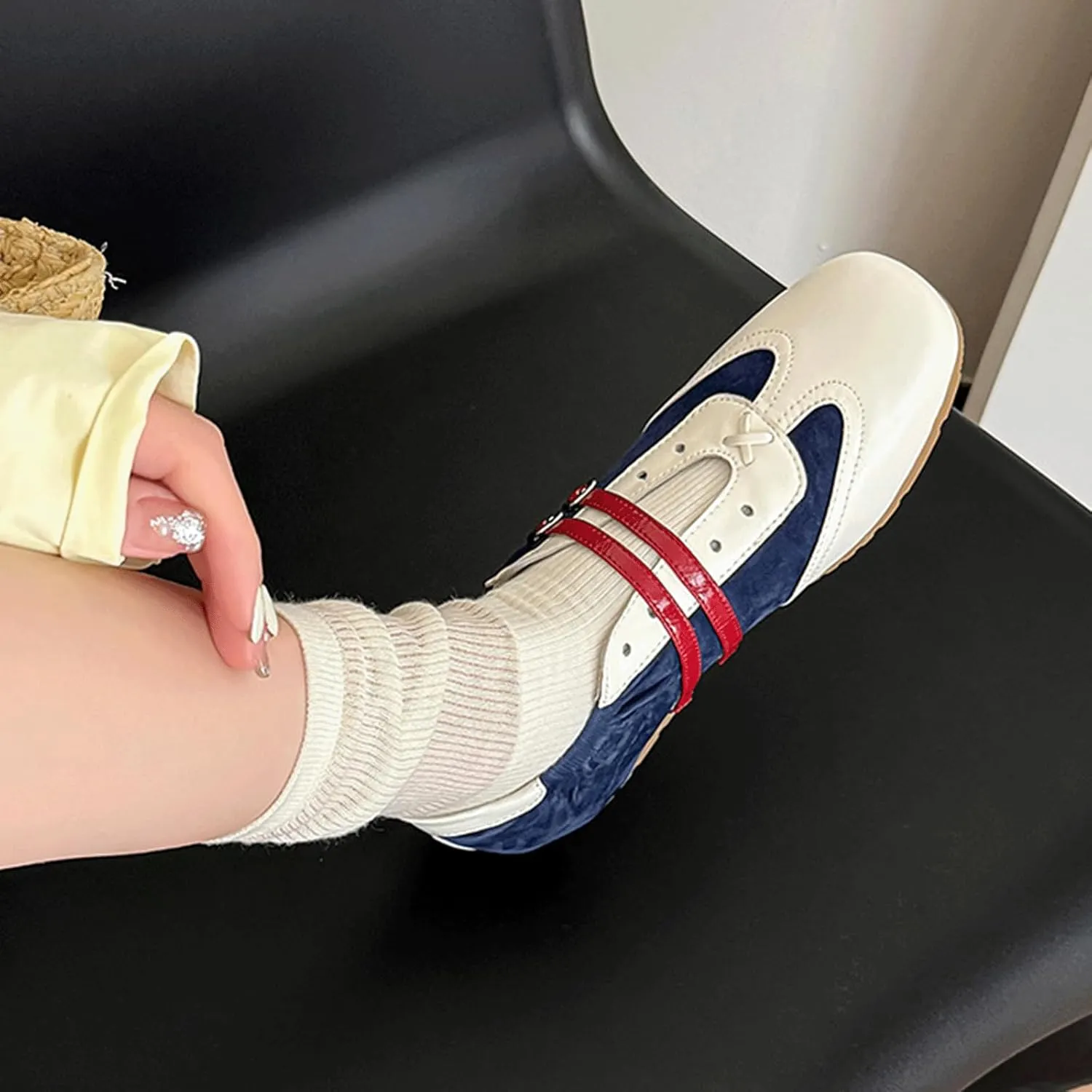 Ballet Sneakers for Woman Leather Buckle Color Block Wide Box Square Toe Trendy Ballerina Flats Fancy Retro Ballet Shoes 2025 Spring Summer Comfortable Soft Casual Daily Walking Footwear