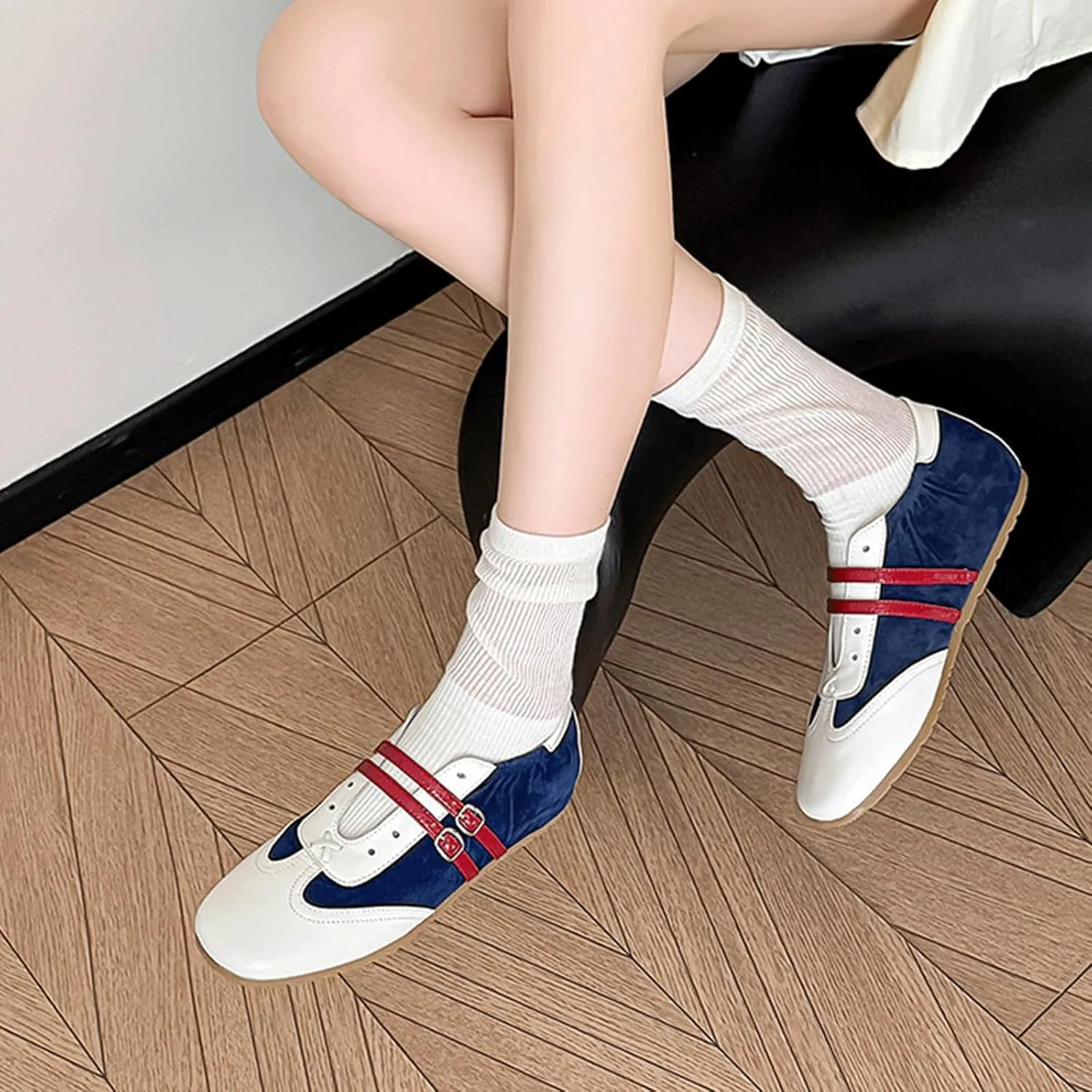 Ballet Sneakers for Woman Leather Buckle Color Block Wide Box Square Toe Trendy Ballerina Flats Fancy Retro Ballet Shoes 2025 Spring Summer Comfortable Soft Casual Daily Walking Footwear