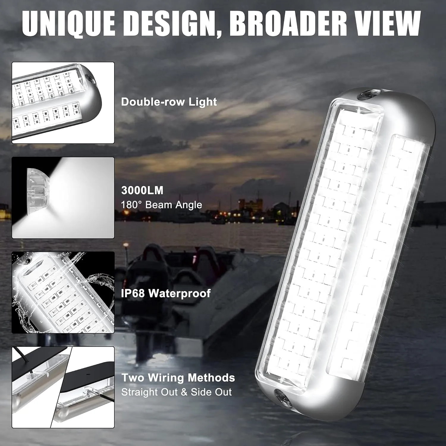 BASIKER BS4 Marine LED Underwater Boat Lights (2 x 3000LM 84LED 180° White) 10V-36V 316 Stainless Upgrade IP68 Waterproof, Surface Mount for Cruise Ship Yacht Boat Sailboat Pontoon Transom Deck Light