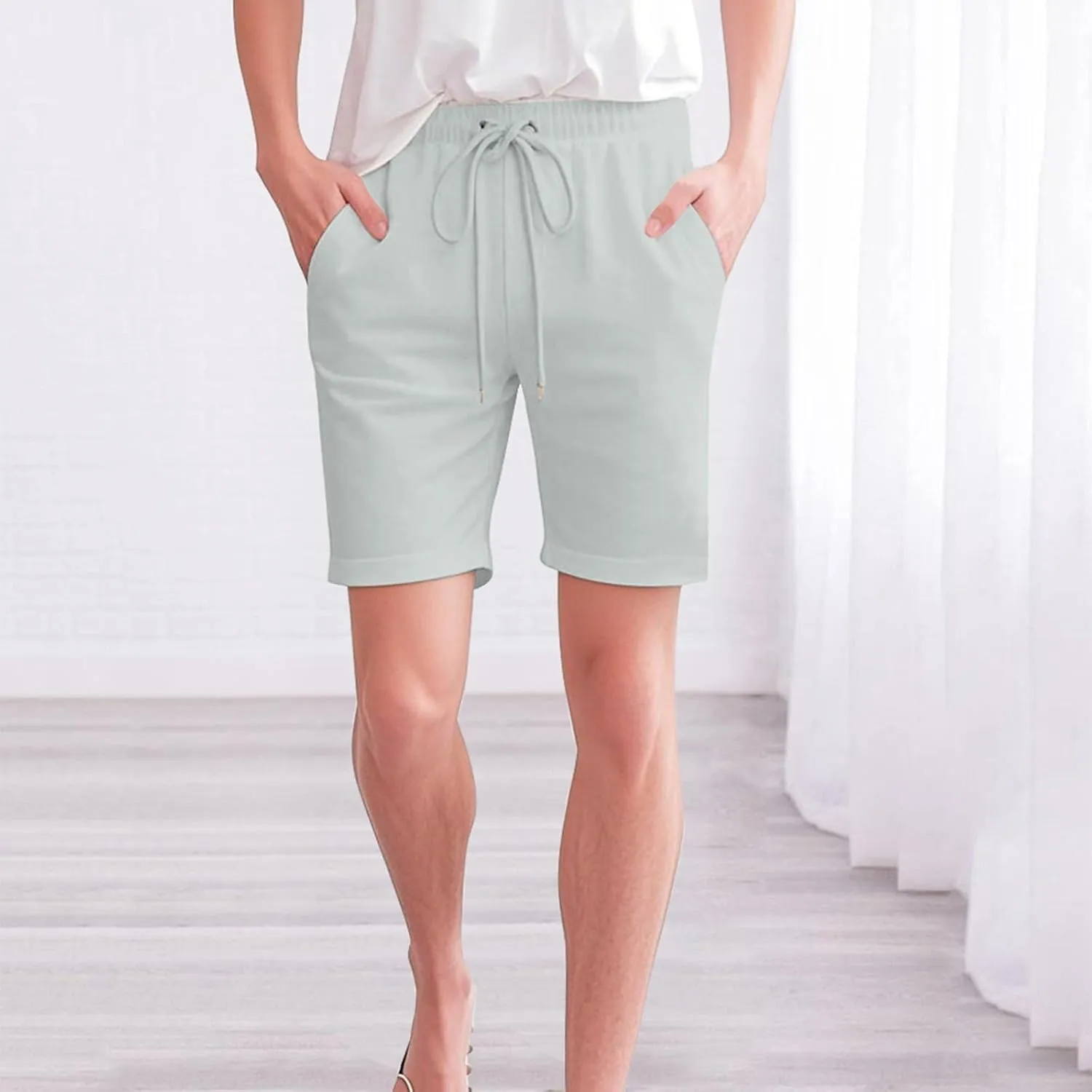 Bermuda Linen Shorts for Women with Pockets Knee Length Elastic Waist Flowy Athletic Plus Size Casual Pants