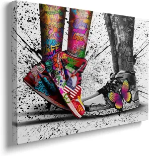 Black white graffiti Banksy style sneakers canvas wall painting ready to hang 12 "x16 abstract multi-element children's gifts bedroom kitchen mural directly hanging framed home decoration painting