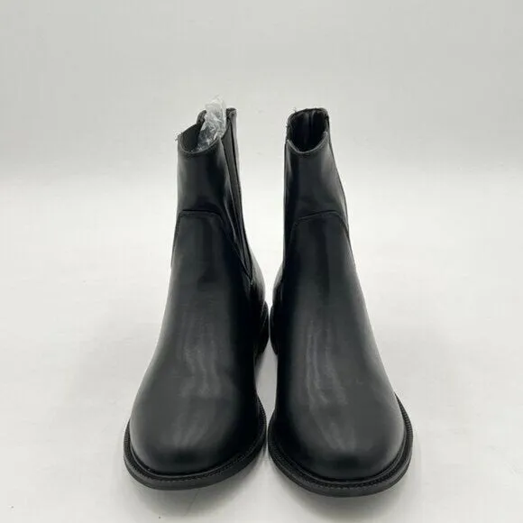 Black Women Pull On Chunky Low Heel Ankle Boot Closed Toe Casual Comfy Shoe