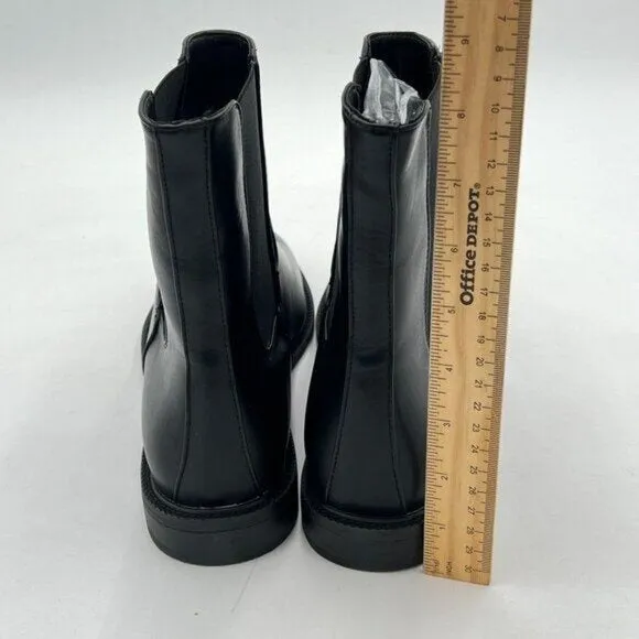 Black Women Pull On Chunky Low Heel Ankle Boot Closed Toe Casual Comfy Shoe