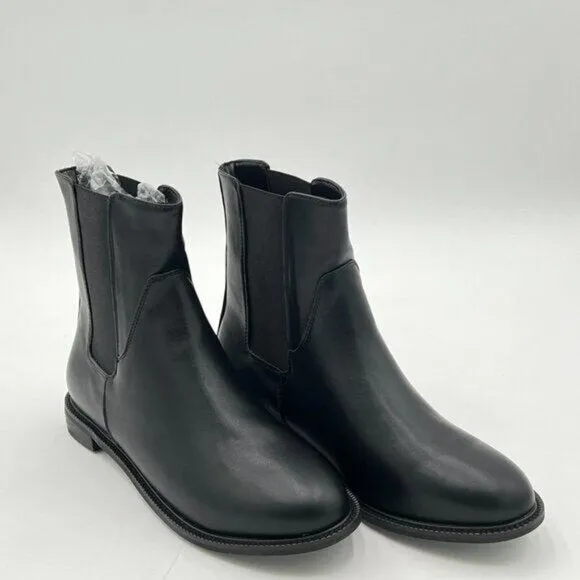 Black Women Pull On Chunky Low Heel Ankle Boot Closed Toe Casual Comfy Shoe