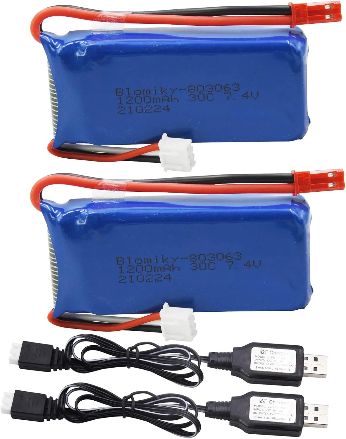 Blomiky 2 Pack 7.4V 1200mAH Lipo Battery Pack with JST Plug and Charger Replacement for UDIRC UD1601 UD1602 Pro Fisca Cheewing 1/16 Scale RC Truck RC Helicopter Drone Vehicles / X6 Battery and USB 2
