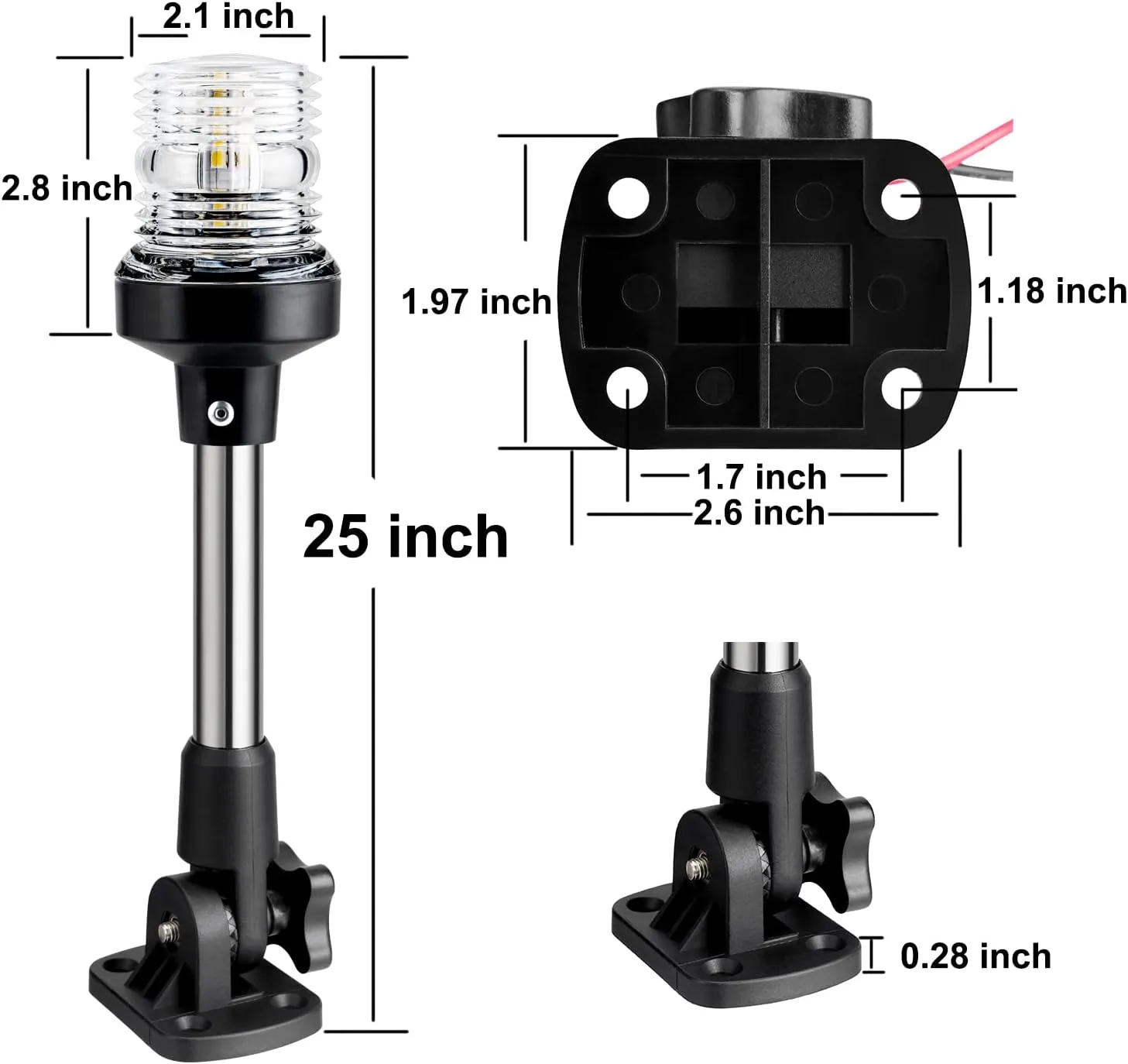 Boat Anchor Light 3-NM LED Fold Down Boat Stern Light All Round 360° Navigation Light for Pontoon and Fishing Boat 12-24V (25 inch Foldable)