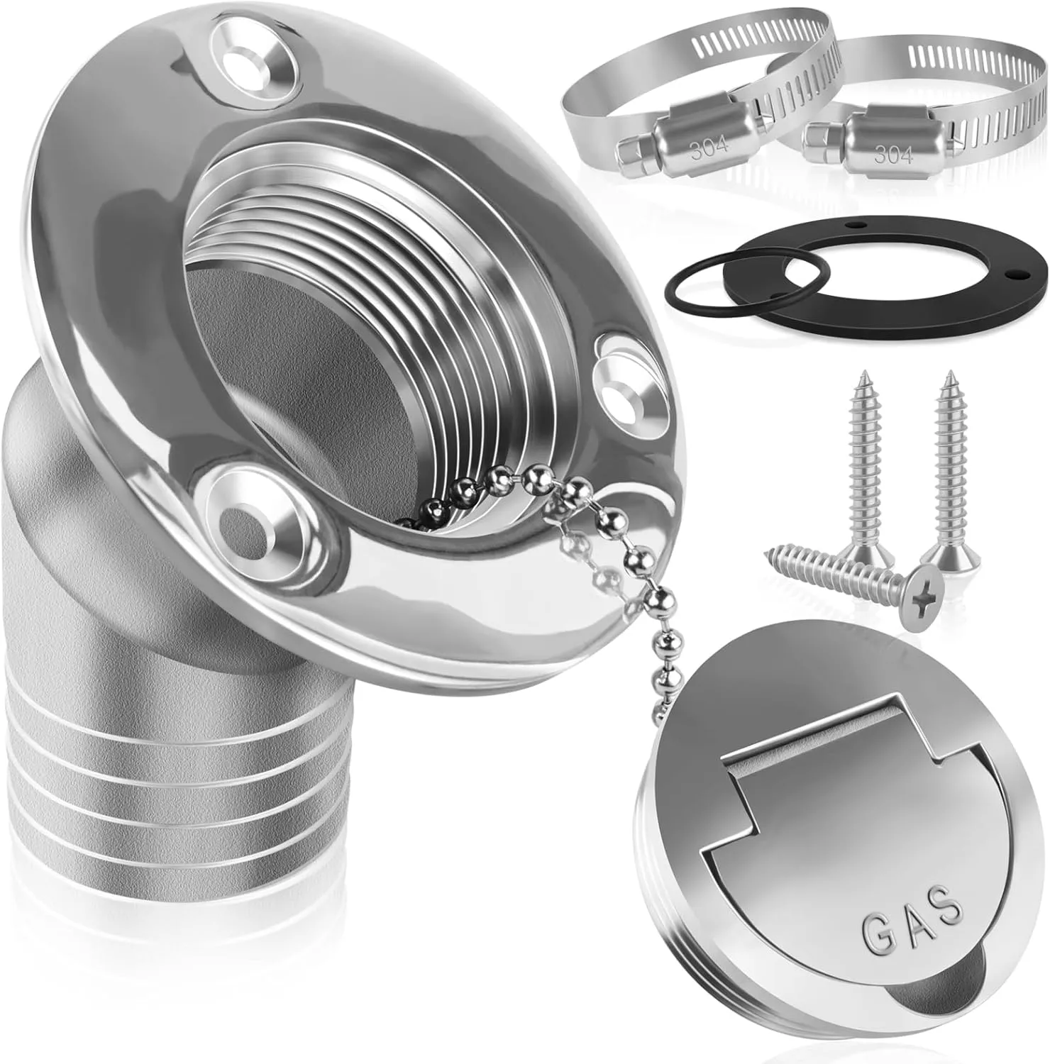 Boat Fuel Deck Fill/Filler with Keyless Cap with Screws, Marine Mirror Polished Stainless Steel Hardware Angled Neck for Boat Yacht Caravan
