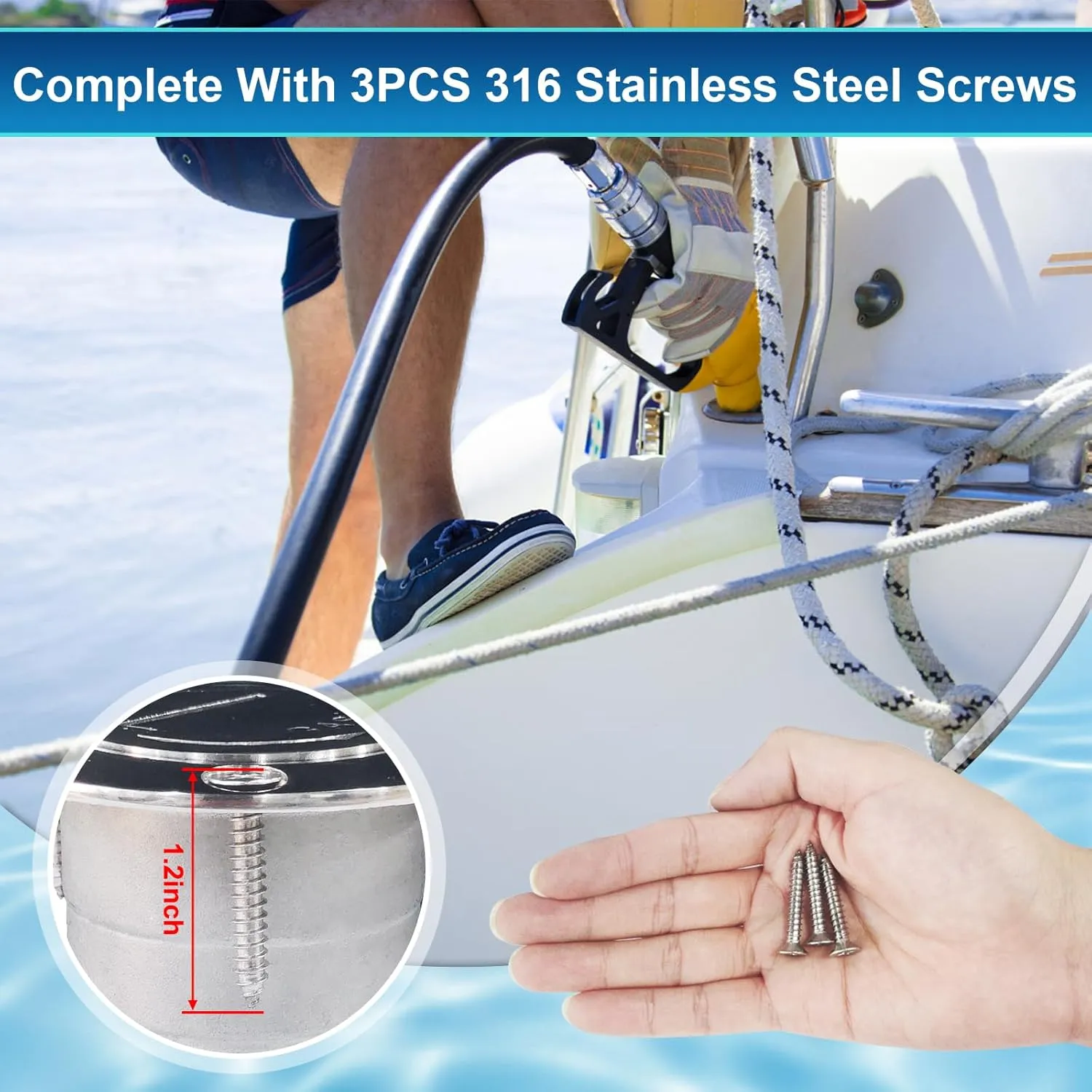 Boat Fuel Deck Fill/Filler with Keyless Cap with Screws, Marine Mirror Polished Stainless Steel Hardware Angled Neck for Boat Yacht Caravan