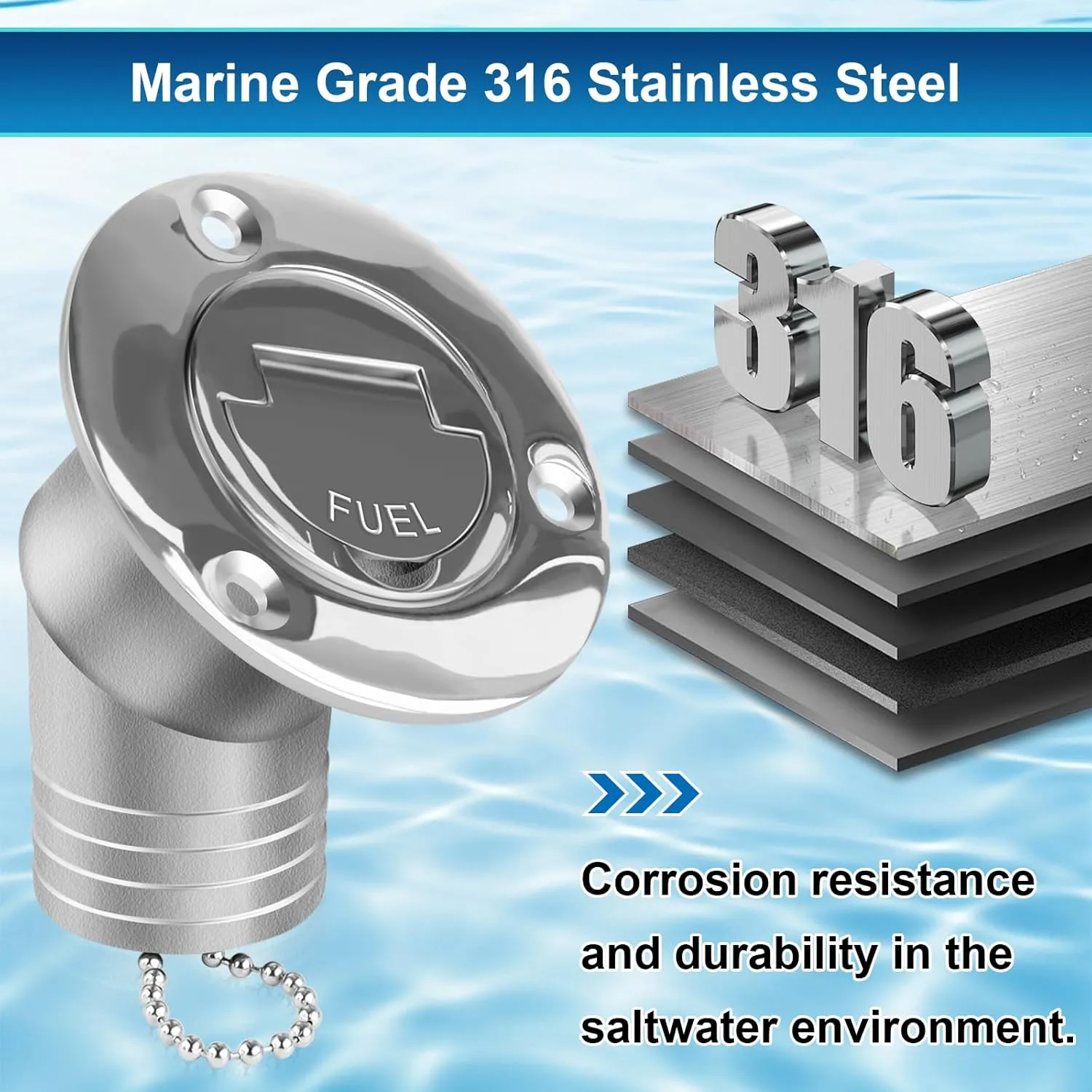 Boat Fuel Deck Fill/Filler with Keyless Cap with Screws, Marine Mirror Polished Stainless Steel Hardware Angled Neck for Boat Yacht Caravan