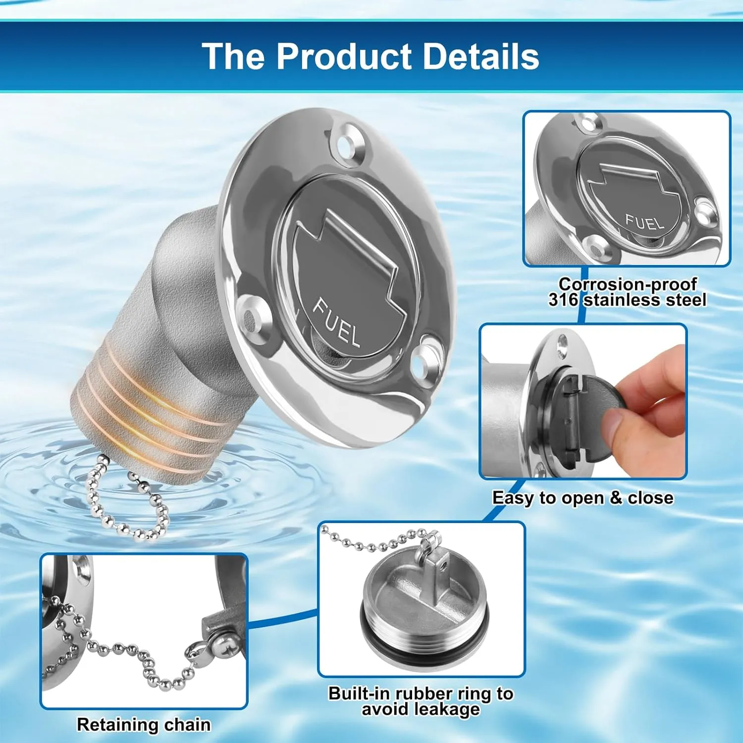 Boat Fuel Deck Fill/Filler with Keyless Cap with Screws, Marine Mirror Polished Stainless Steel Hardware Angled Neck for Boat Yacht Caravan