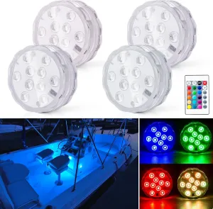 Boat Lights Wireless, Battery Powered Operated Marine Led Interior Light for Boat Deck Courtesy Light, for Fishing Pontoon Sailboat Kayak, Remote Control Multi Color Changing, RGB, 4PCS