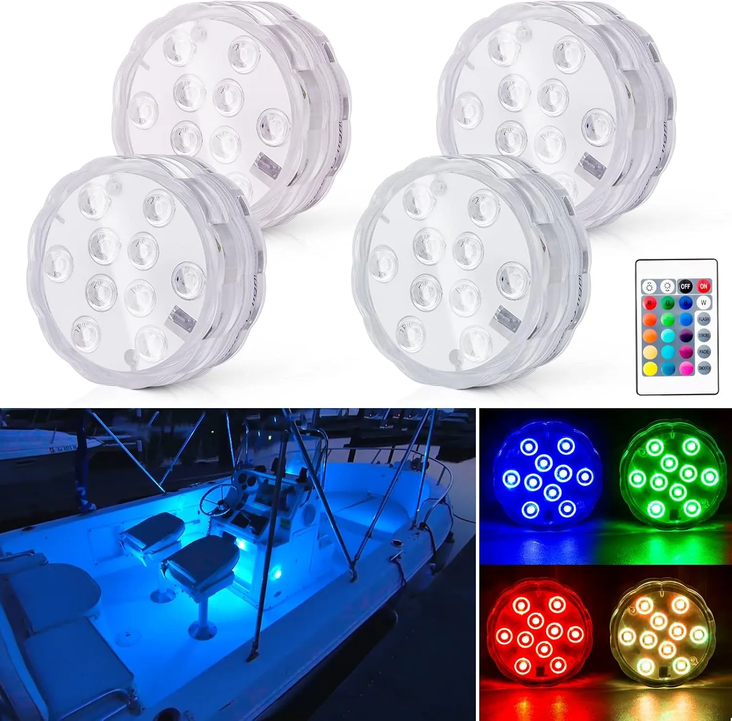 Boat Lights Wireless, Battery Powered Operated Marine Led Interior Light for Boat Deck Courtesy Light, for Fishing Pontoon Sailboat Kayak, Remote Control Multi Color Changing, RGB, 4PCS