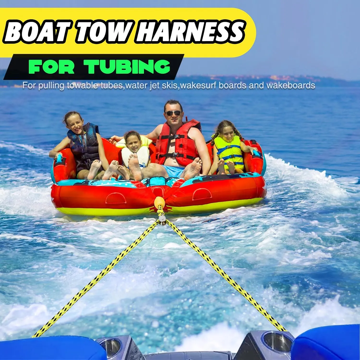 Boat Tow Harness for Tubing, Heavy-Duty 13ft Self Centering Tow Rope Up to 4 Riders with Float Ball, Stainless Steel Hooks and Pulley for Watersports,Towing Towable Tube, Water Ski, Wakeboard