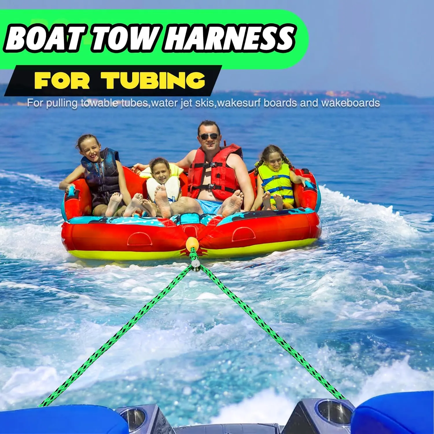 Boat Tow Harness for Tubing, Heavy-Duty 13ft Self Centering Tow Rope Up to 4 Riders with Float Ball, Stainless Steel Hooks and Pulley for Watersports,Towing Towable Tube, Water Ski, Wakeboard