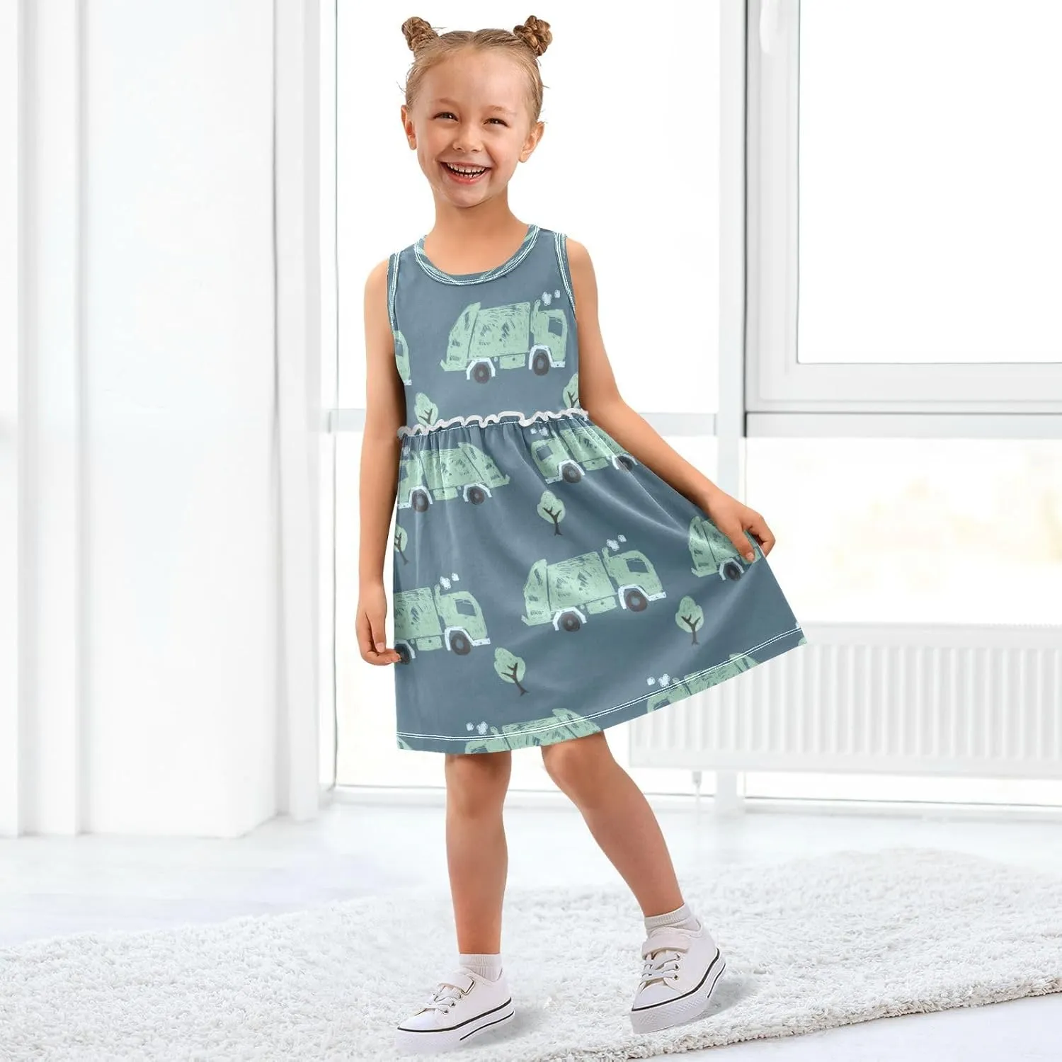 Boccsty Blue Green Garbage Trucks Girls Dress Kids Toddler Casual Dresses Summer Dresses 2T