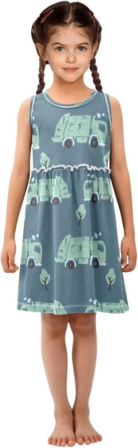Boccsty Blue Green Garbage Trucks Girls Dress Kids Toddler Casual Dresses Summer Dresses 2T