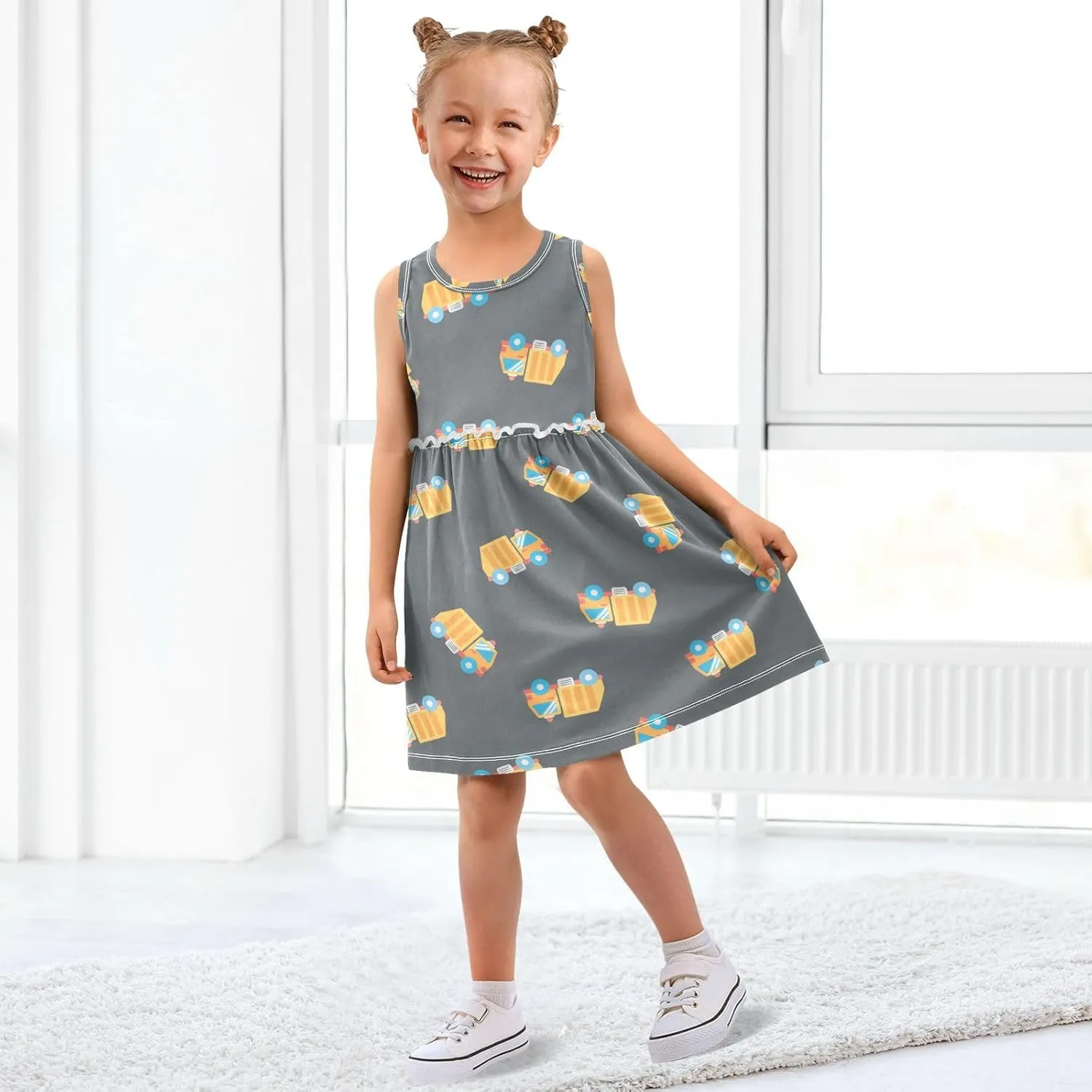 Boccsty Transportation Garbage Truck Yellow Girls Dress Kids Toddler Casual Dresses Summer Dresses 2T