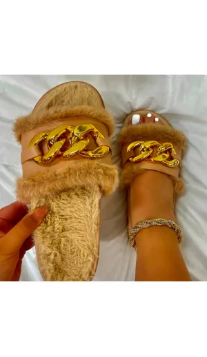 BROWN FLUFFY WINTER SLIPPERS WITH GOLD BUCKLE DESIGN