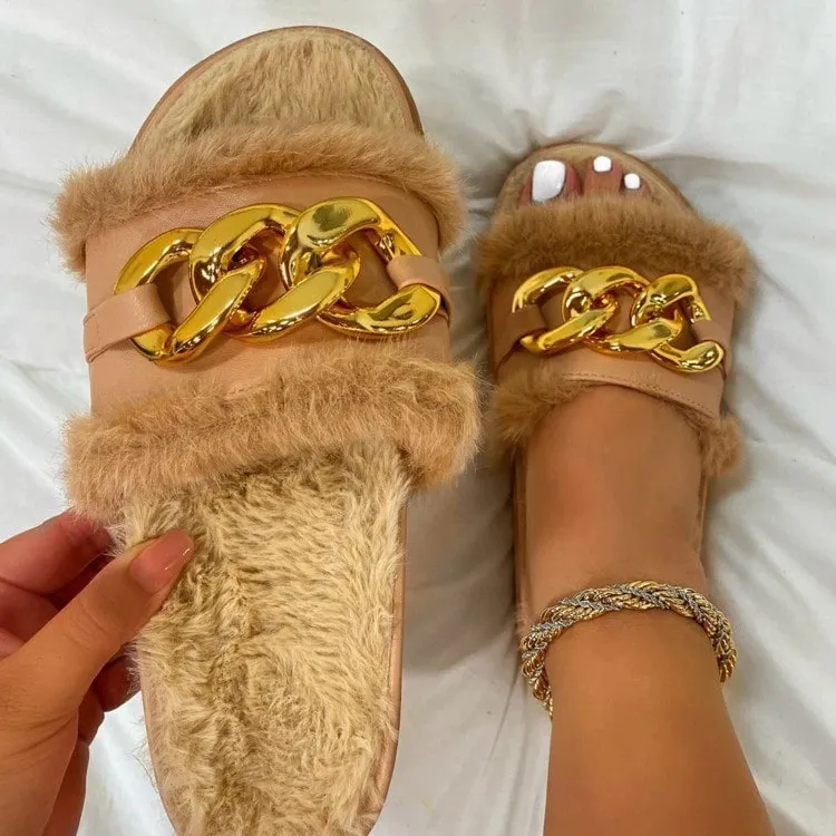 BROWN FLUFFY WINTER SLIPPERS WITH GOLD BUCKLE DESIGN