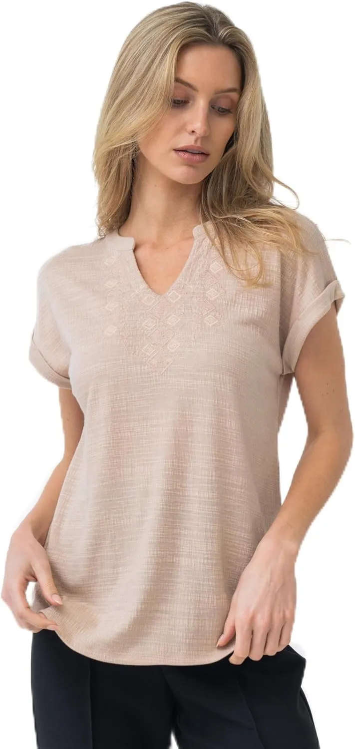 Cable & Gauge Cap Sleeve Embroidered Split Neck Top