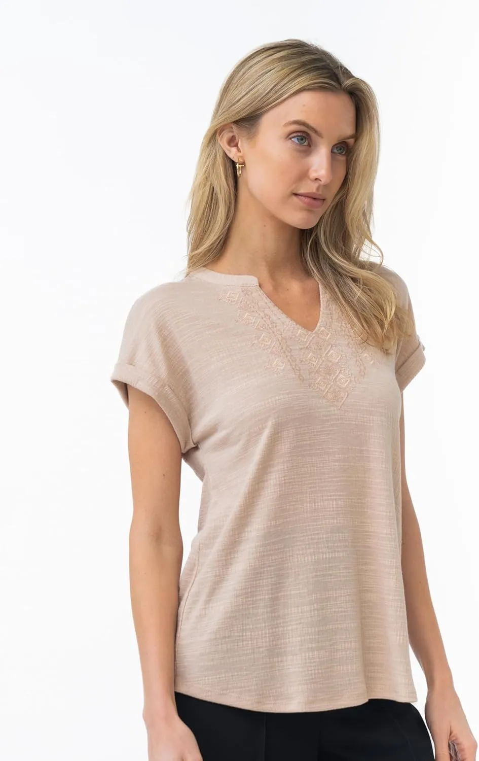 Cable & Gauge Cap Sleeve Embroidered Split Neck Top