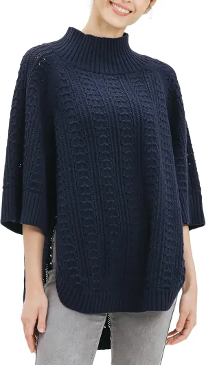 Cable Stitch Women's Rib-Collar Tunic Sweater - Loose Fit Oversized Mock Neck 3/4 Sleeve Pullover Poncho Cover-up Top