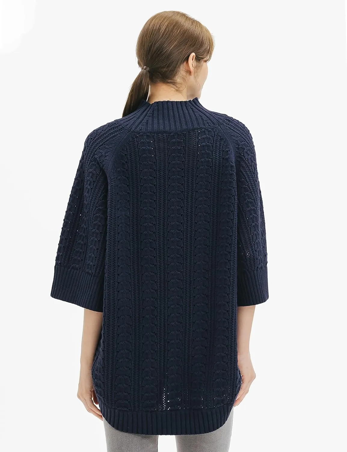 Cable Stitch Women's Rib-Collar Tunic Sweater - Loose Fit Oversized Mock Neck 3/4 Sleeve Pullover Poncho Cover-up Top