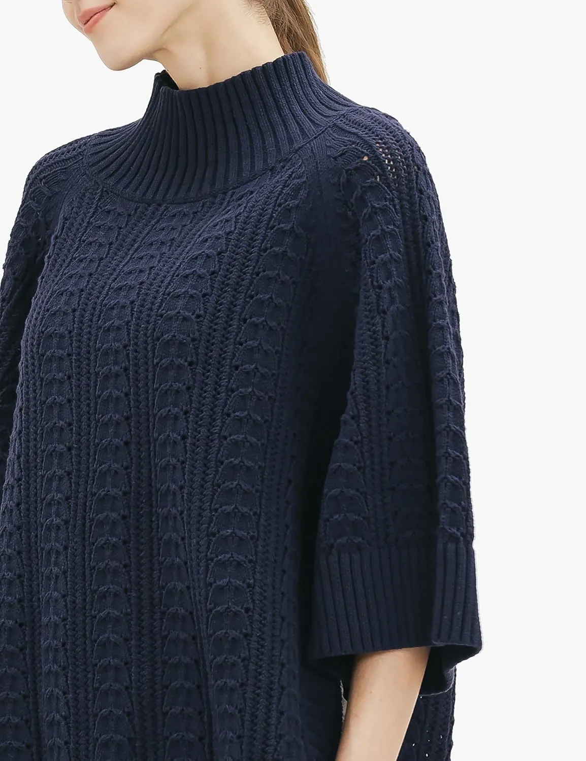 Cable Stitch Women's Rib-Collar Tunic Sweater - Loose Fit Oversized Mock Neck 3/4 Sleeve Pullover Poncho Cover-up Top