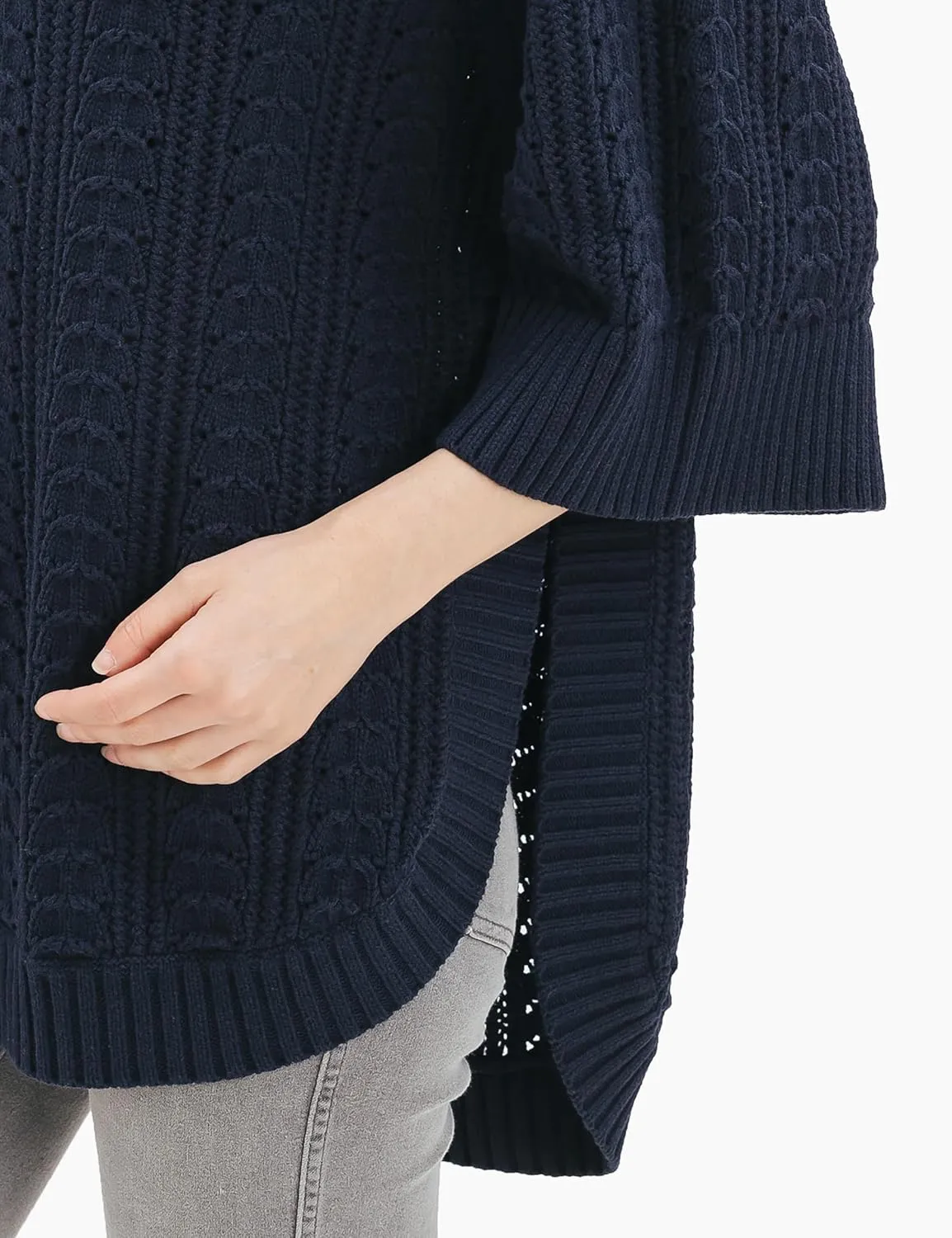 Cable Stitch Women's Rib-Collar Tunic Sweater - Loose Fit Oversized Mock Neck 3/4 Sleeve Pullover Poncho Cover-up Top