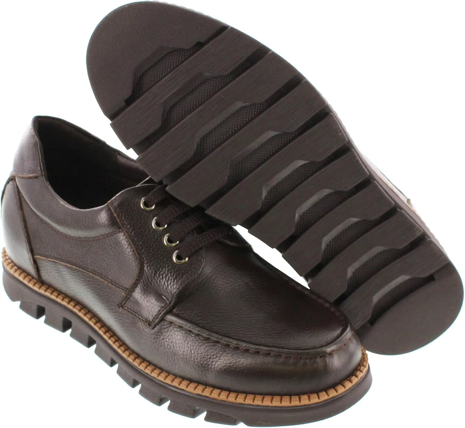 CALTO Men's Invisible Height Increasing Elevator Shoes - Dark Brown Pebble Grain Leather Lace-up Casual Shoes - 3 Inches Taller- G63811 - Size 6 D(M) US