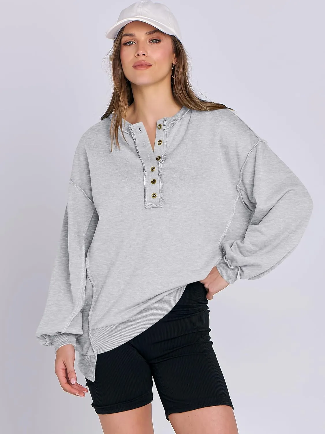 Caracilia Women's Oversized Sweatshirts Long Sleeve Henley Button Down Pullover Hoodies Tunic Tops 2025 Trendy Fall Clothes